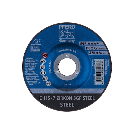 Pferd 4-1/2" x 1/4 Grinding Wheel, 7/8" A.H. - ZIRKON SGP STEEL - Type 27 61553